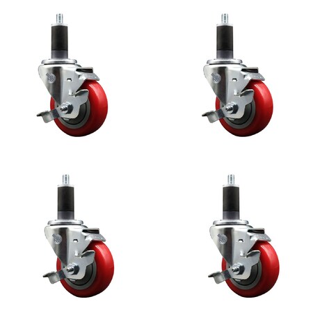 Service Caster 3.5'' SS Red Poly Swivel 1-1/4'' Expanding Stem Caster Set with Brake, 4PK SCC-SSEX20S3514-PPUB-RED-TLB-114-4